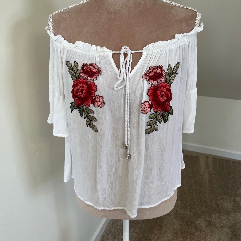 Off the Shoulder Boho Chic White Flowy Top with Embroidered Roses Front Tie